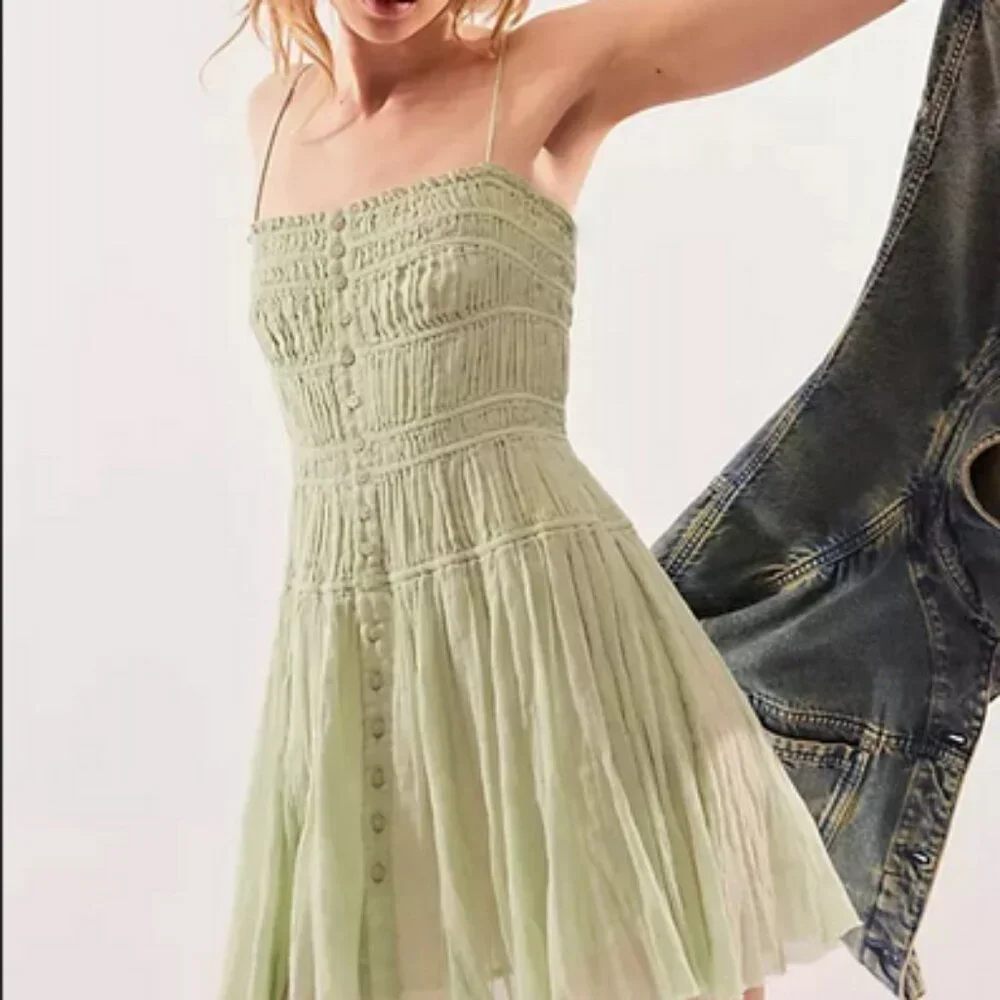 Free People FP One Lausanne Slip Sage Smocked Dress New S